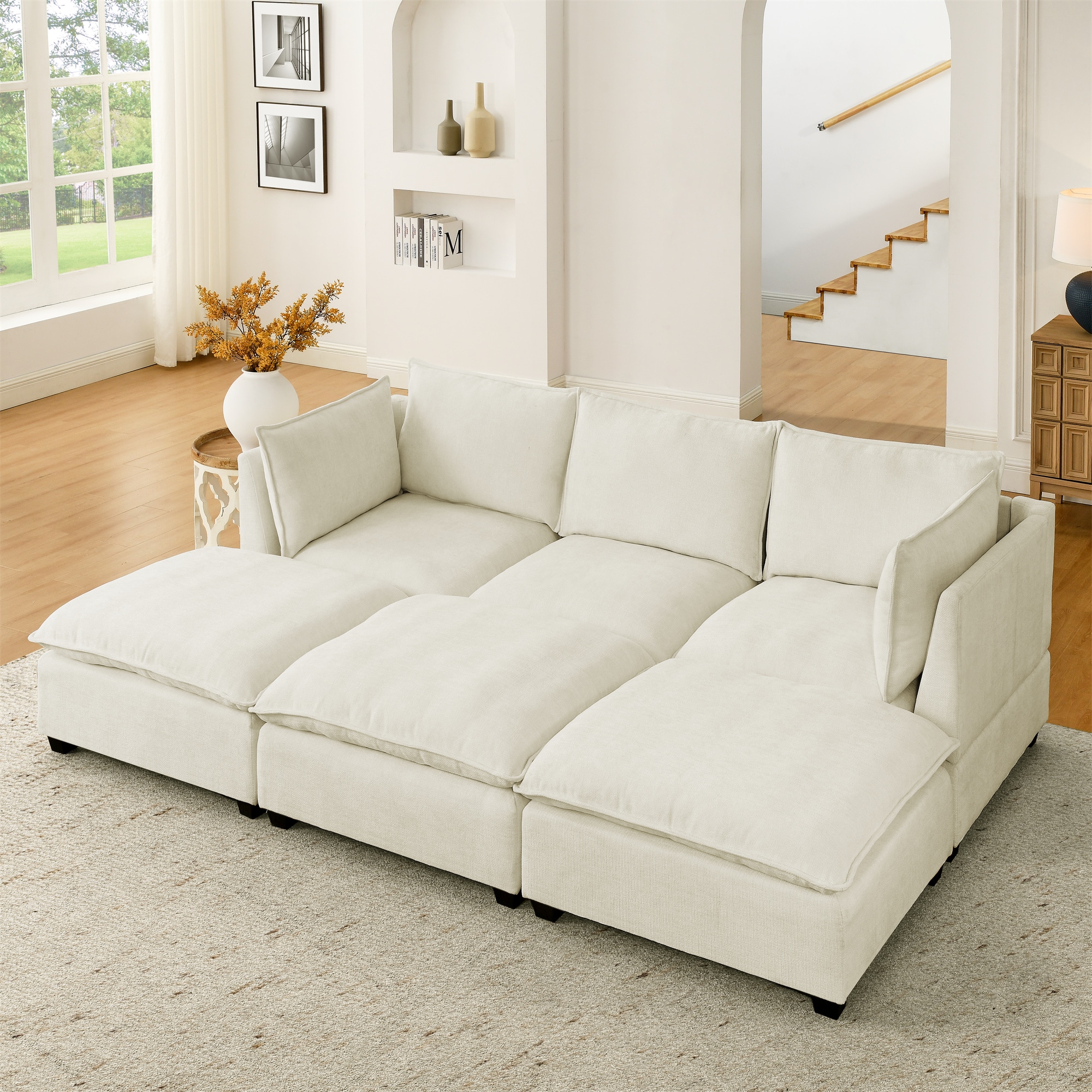 Comfy Cloud Couch Sectional 3 Seat Sofa with 2 Ottoman, Chenille Sofa Sleeper Deep Seat Sofa with Throw Pillows for Living Room(Beige White) 